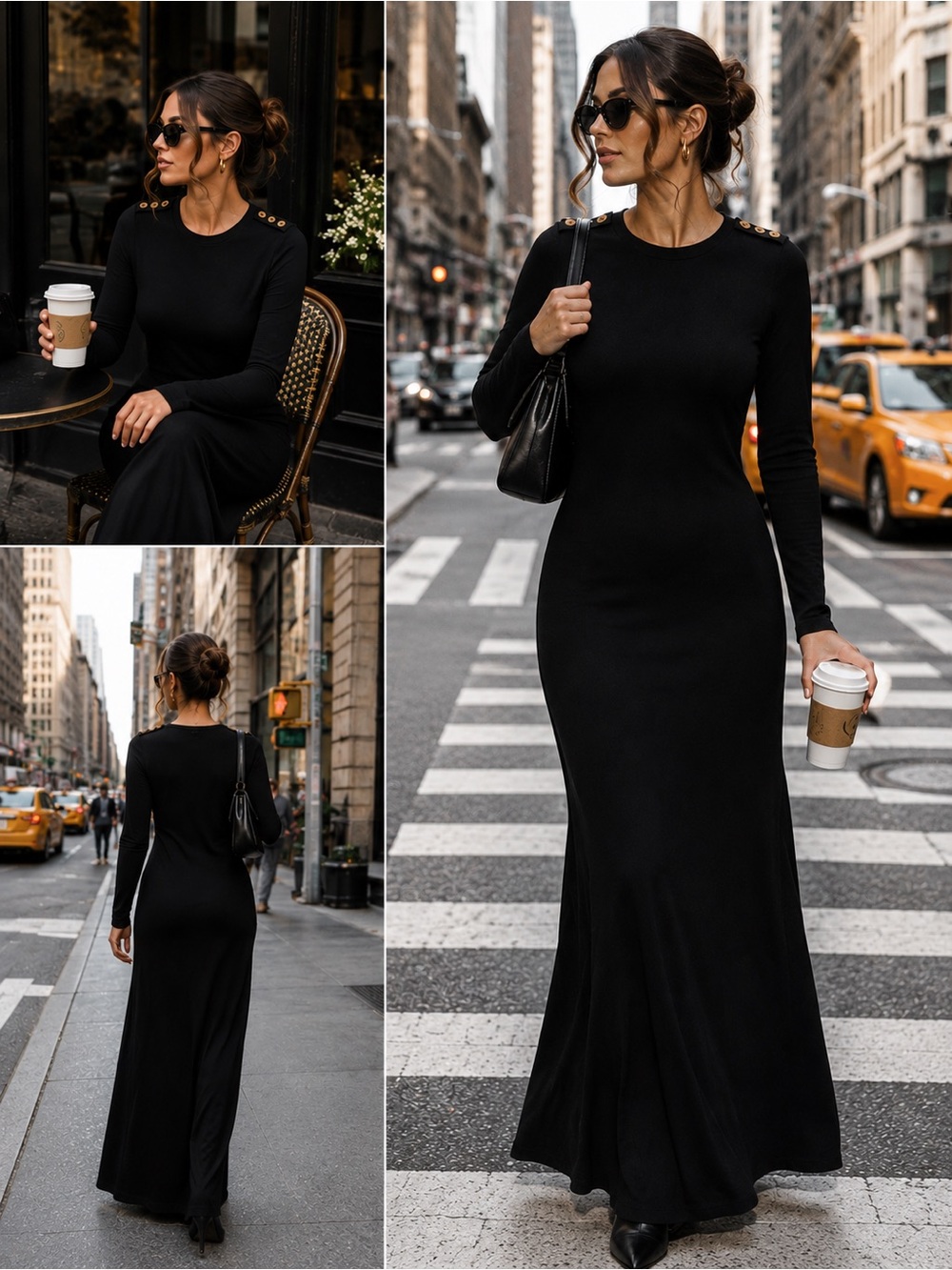 Classic‎ Black Long-Sleeve Maxi Dress with Gold Shoulder Buttons